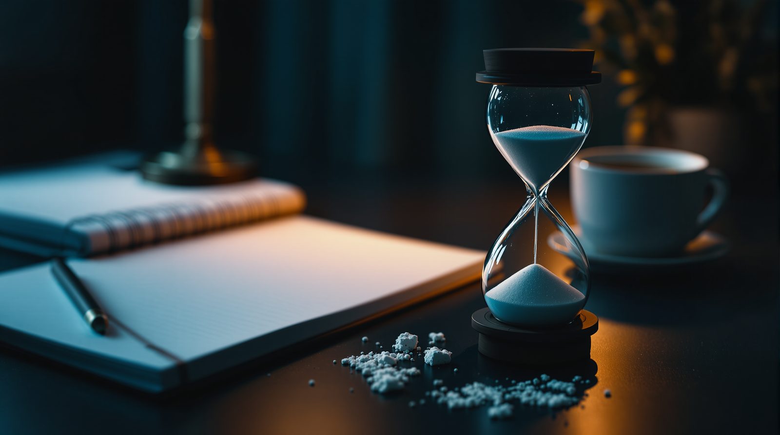 An hourglass running on a dark desk, beside a cup of tea and a notebook