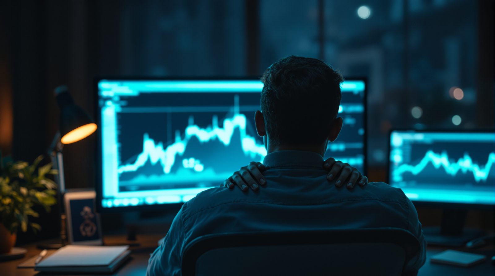 A trader seen from behind, hands on the back of the neck, facing a line that dips and then recovers