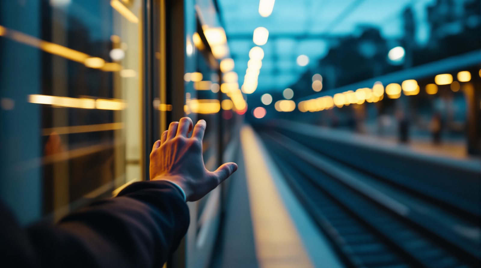 Une main tendue vers un train qui part, sur un quai au crépuscule