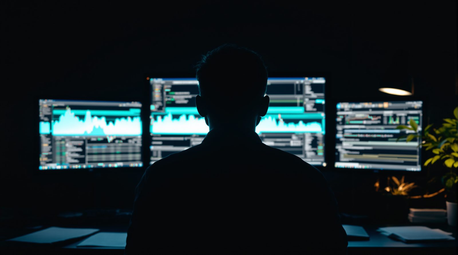 La silhouette d'un trader de dos devant trois écrans de graphiques, dans une pièce plongée dans le noir