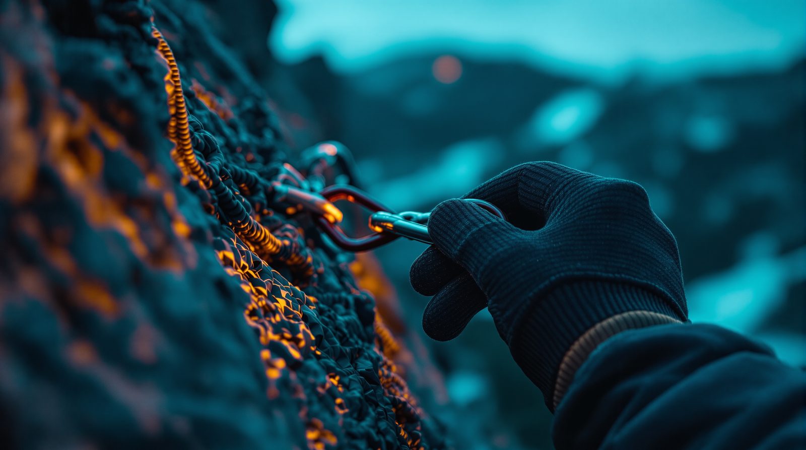 A gloved hand clipping a carabiner to the rock face, the safety move made before every step
