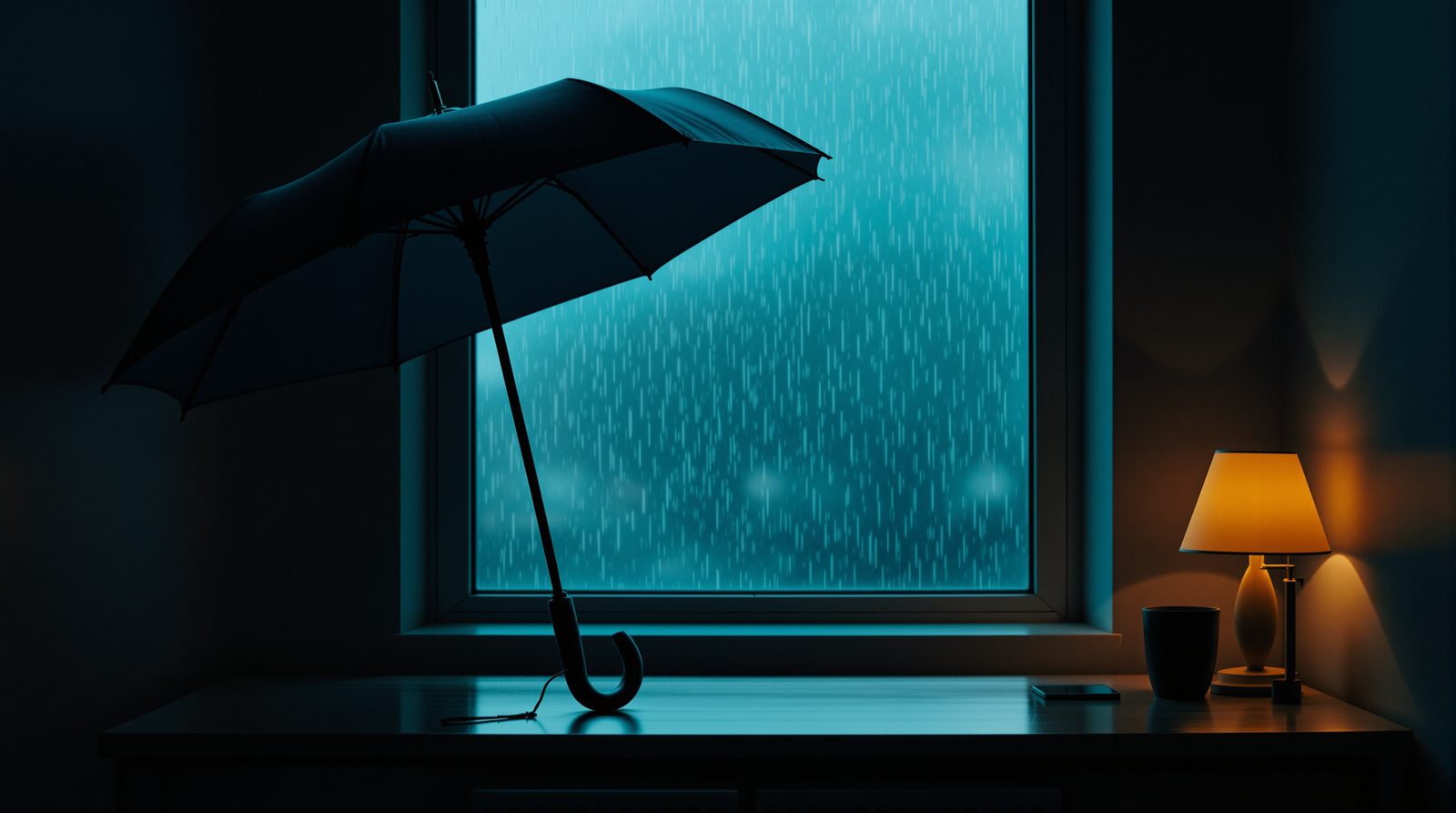 An open umbrella standing by a rain-streaked window, a lamp lit beside it