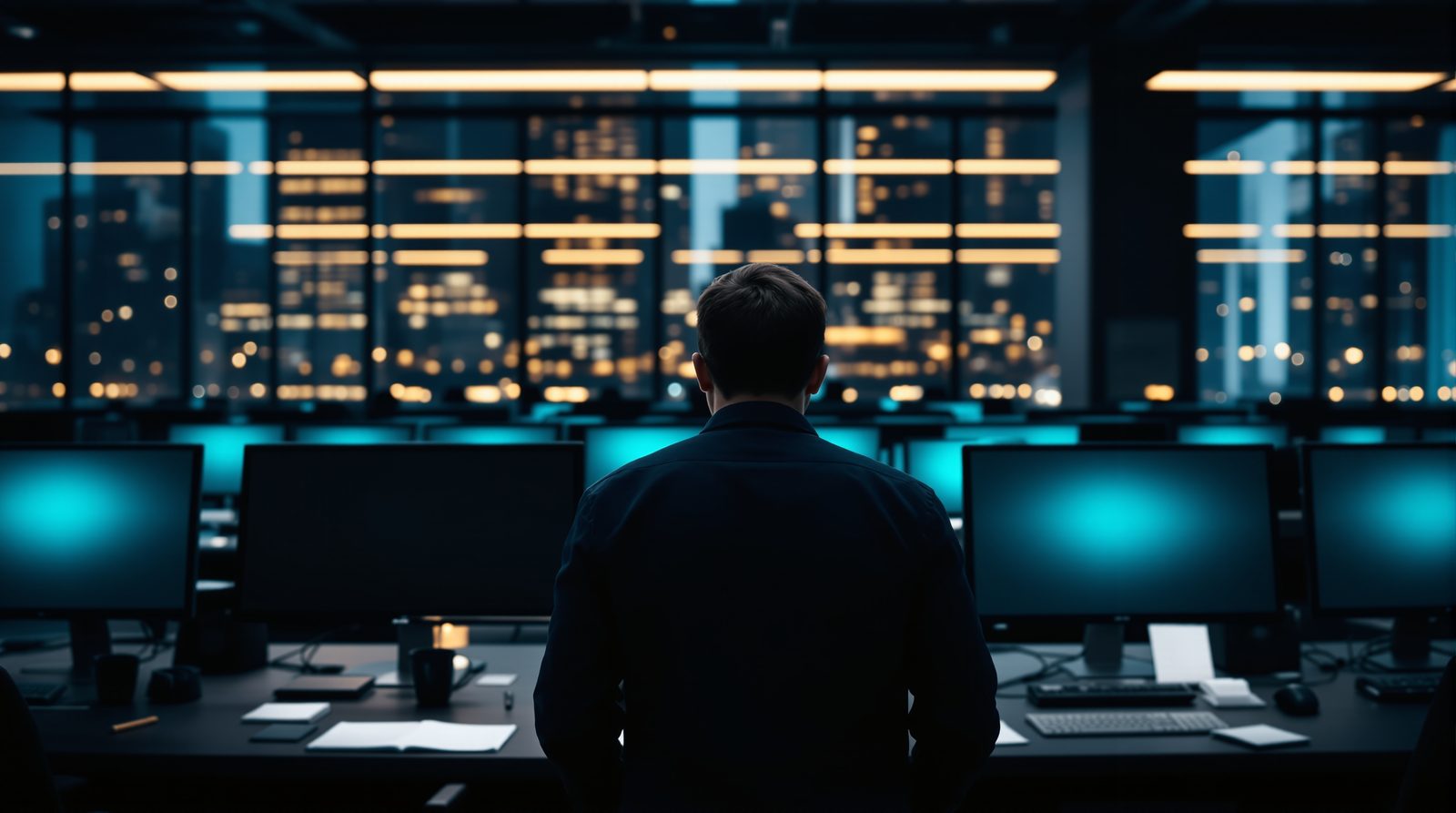 A trader seen from behind on a trading floor at night, rows of screens and the city beyond the glass