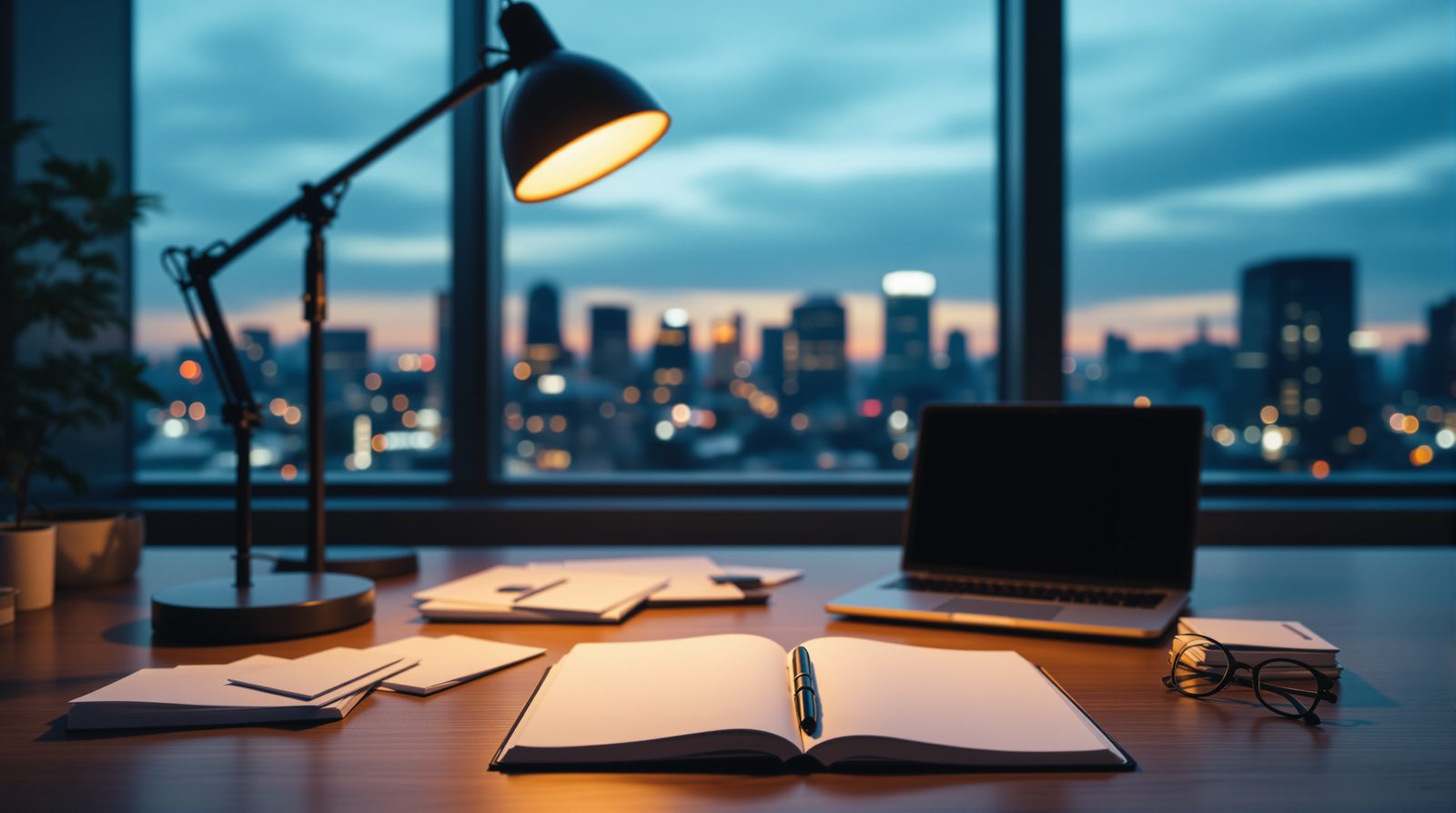 An open notebook on a desk facing the towers of a business district at dusk