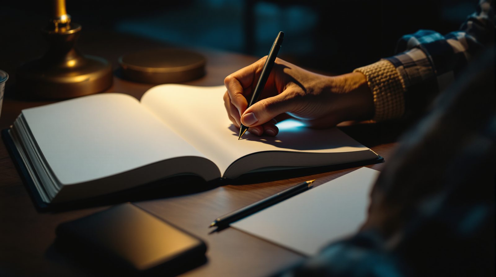 A hand writing in an open notebook at night under a lamp, a phone lying beside it