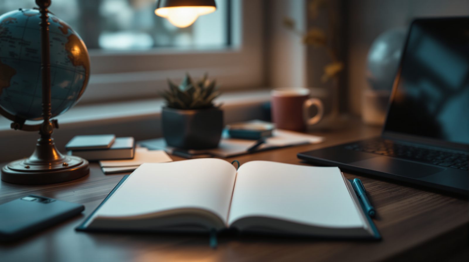 An open notebook beside a globe, a laptop and a mug, near the window