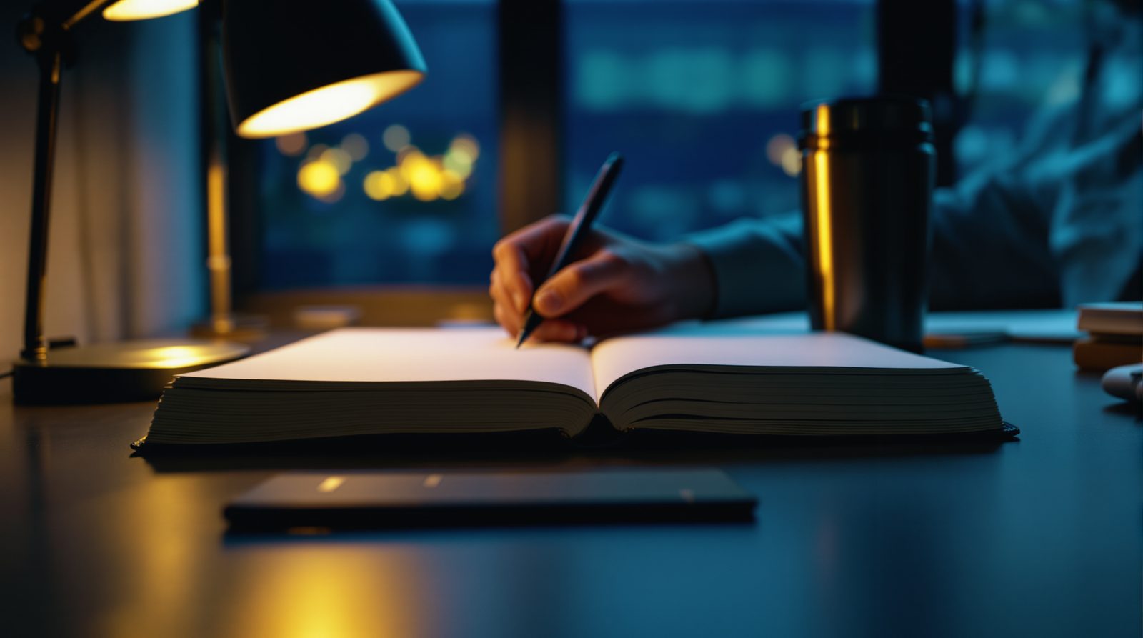 A hand writing in a notebook before the open, a steel flask beside it