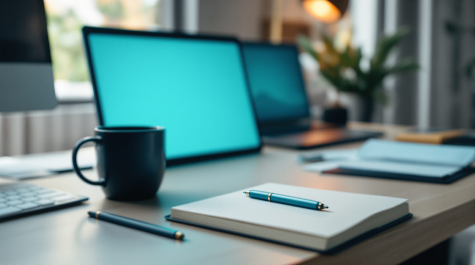 A closed notebook with a pen on top, beside a mug and a lit laptop: the logging happens without it