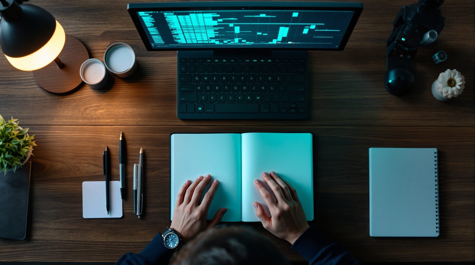 Seen from above, two hands on an open notebook, a spreadsheet on the screen just above
