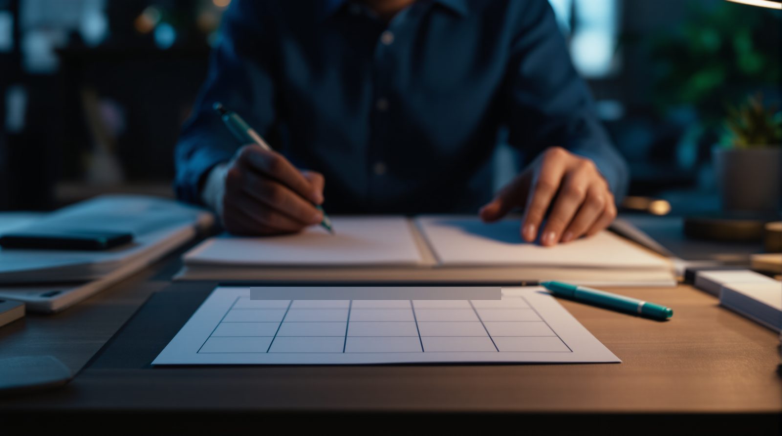 A weekly calendar lying on a desk in front of a trader taking notes