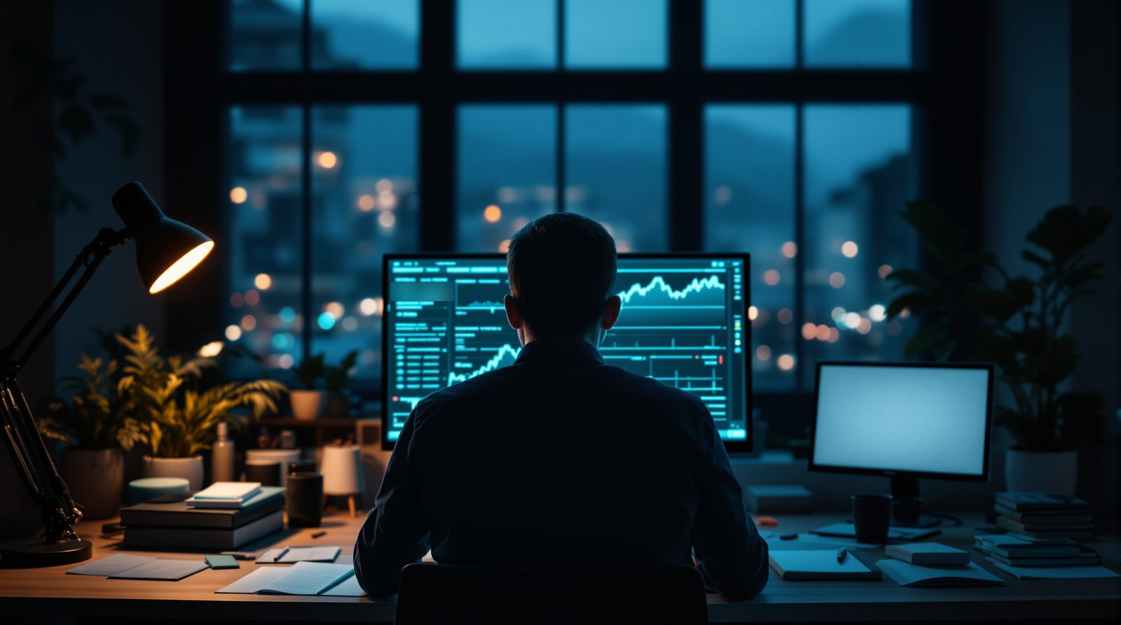 Un trader de dos avant l'ouverture, face à un écran où la courbe saute d'un palier