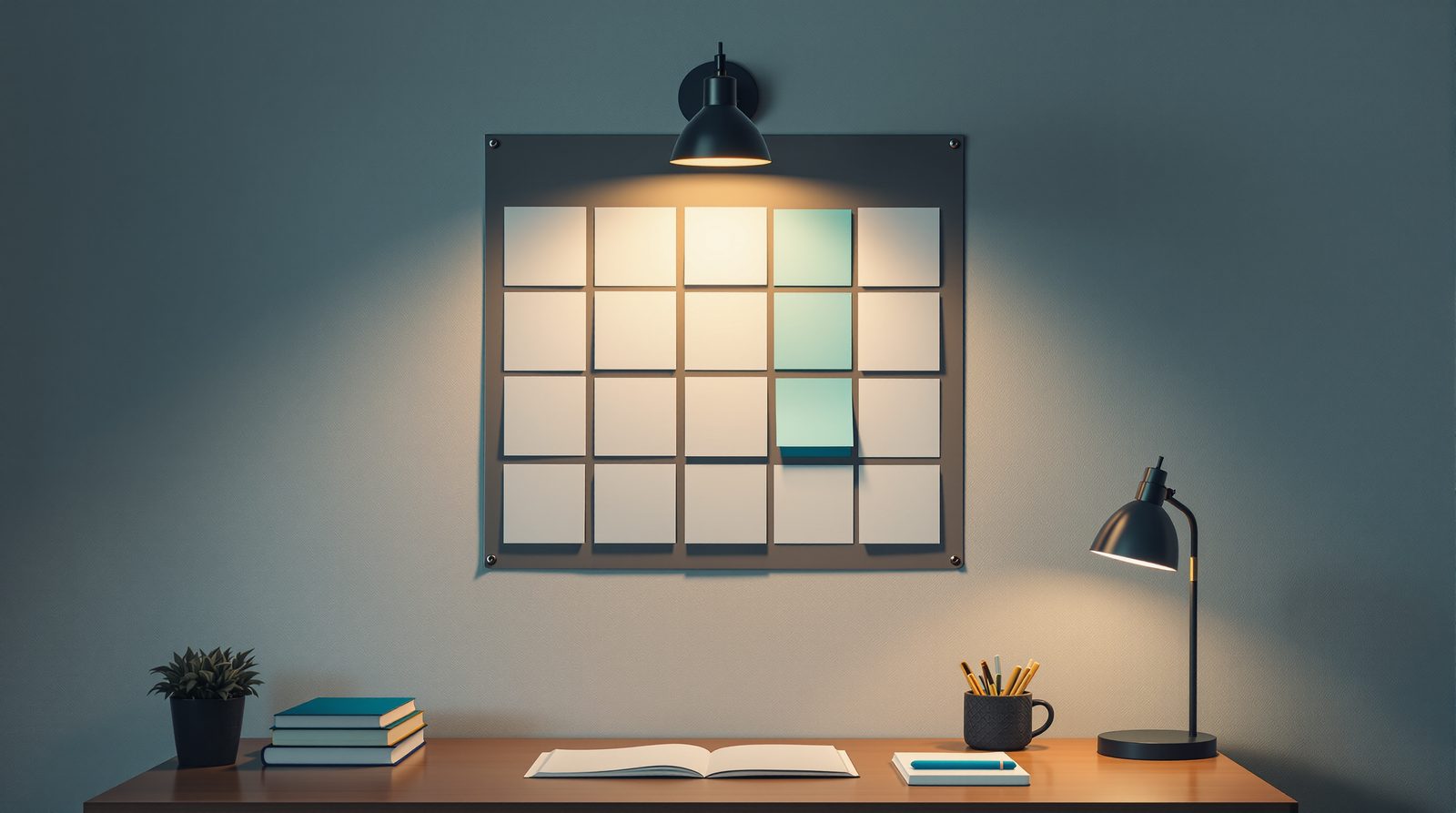 A grid of blank squares hung on the wall, a few covered with teal notes, above a desk