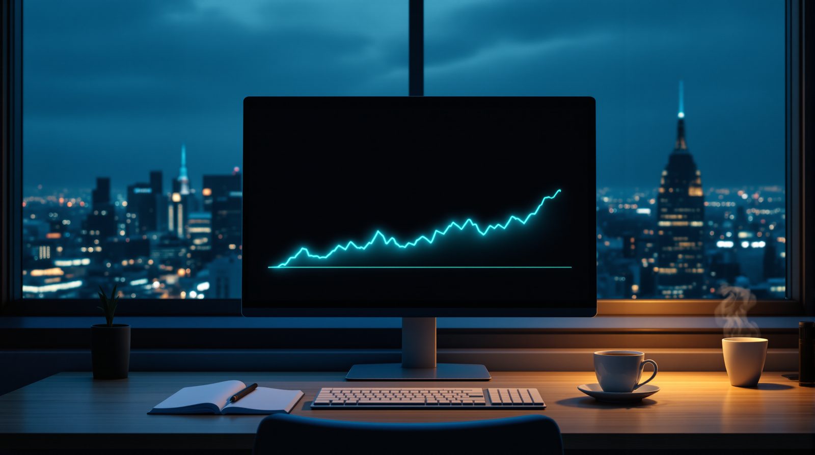 A day trader's desk at dawn, screen on and coffee steaming, before the open