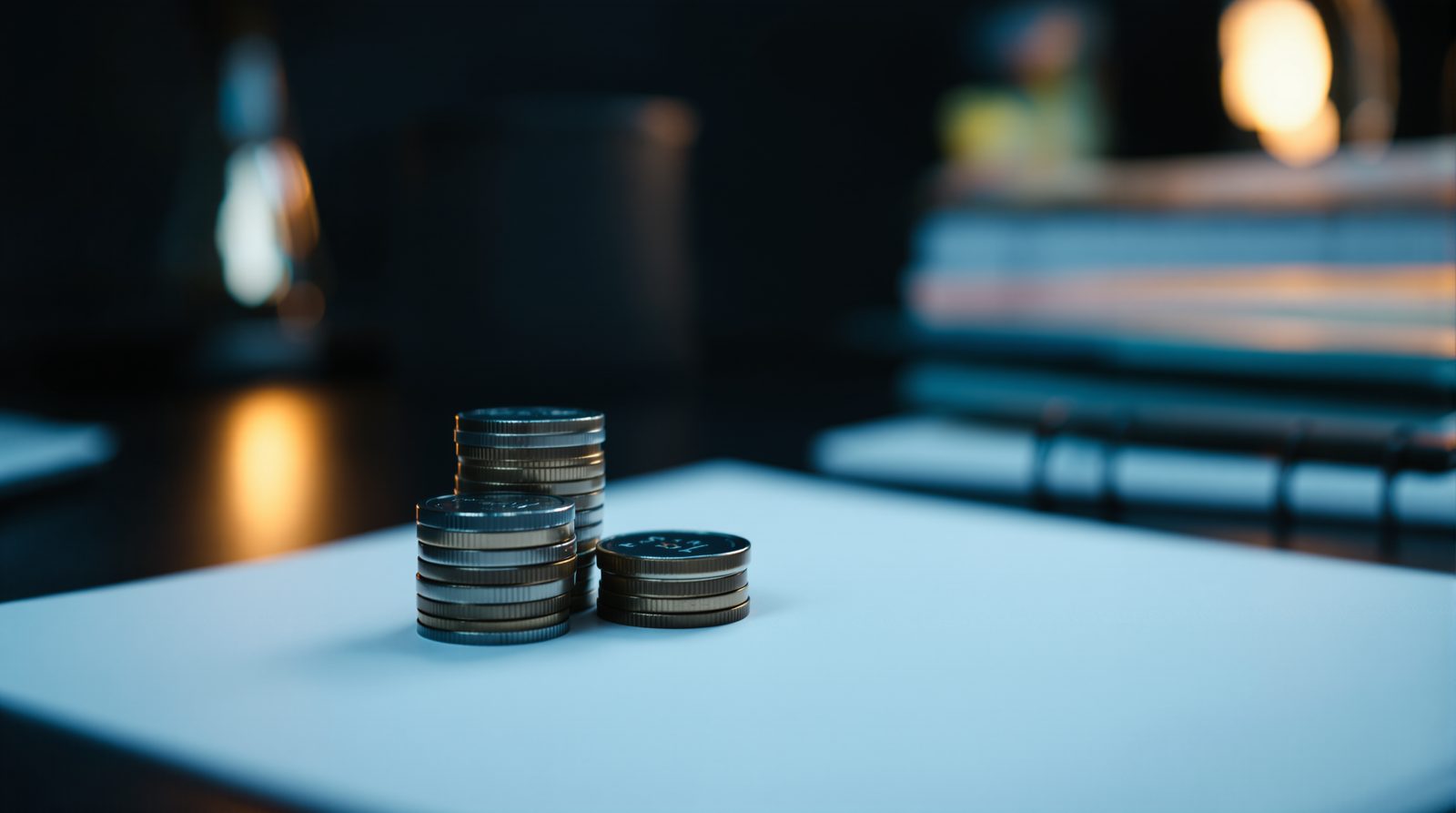 Three stacks of coins on a white sheet, one clearly taller than the others