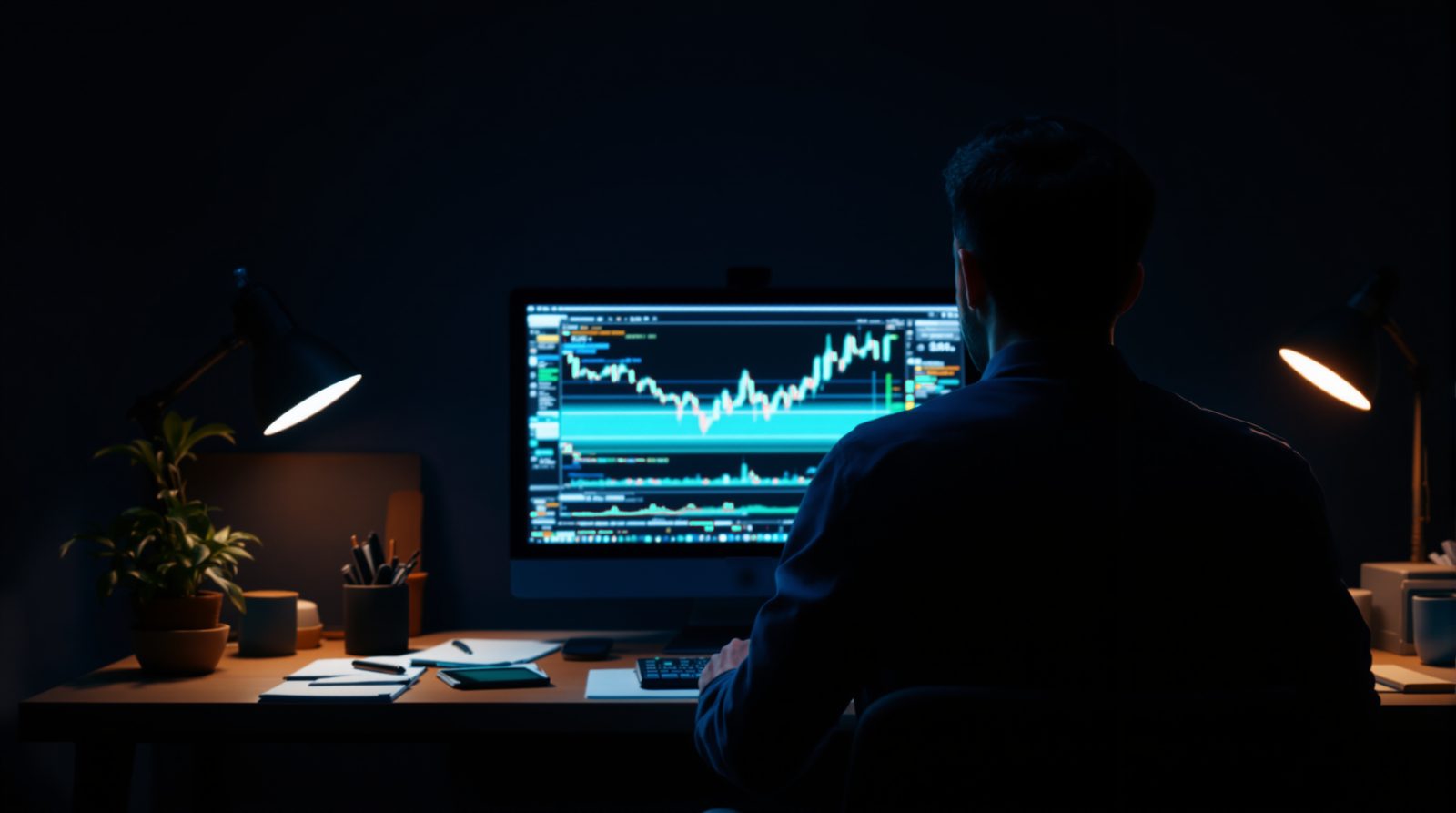 A trader seen from behind in front of a chart screen, between two desk lamps, at night