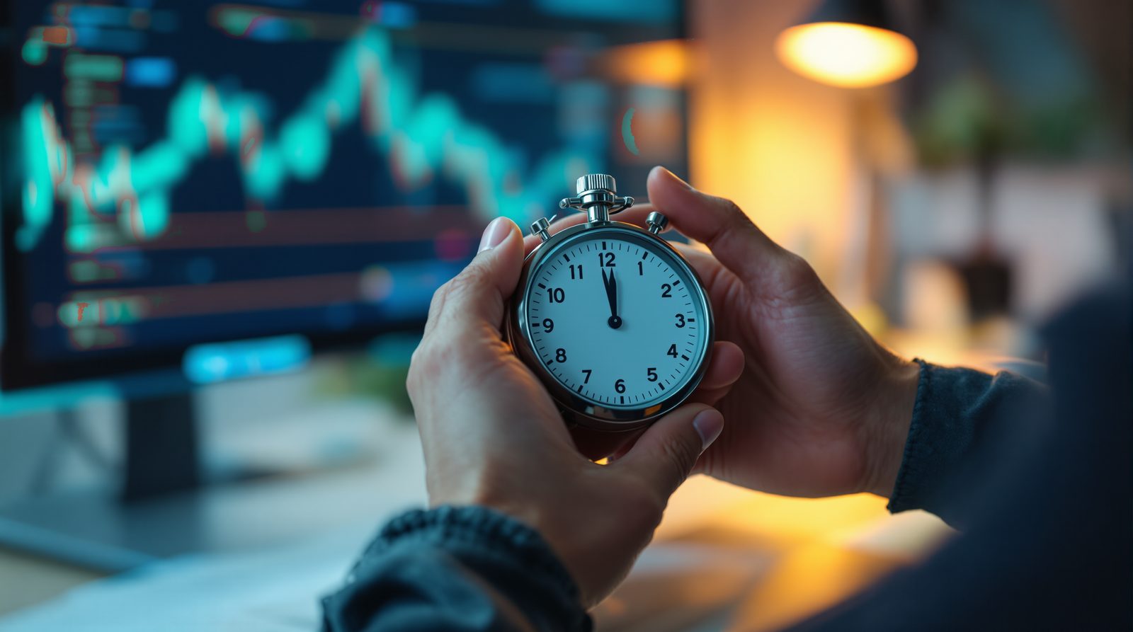 Two hands holding a stopwatch in front of a chart screen: scalping is played in seconds