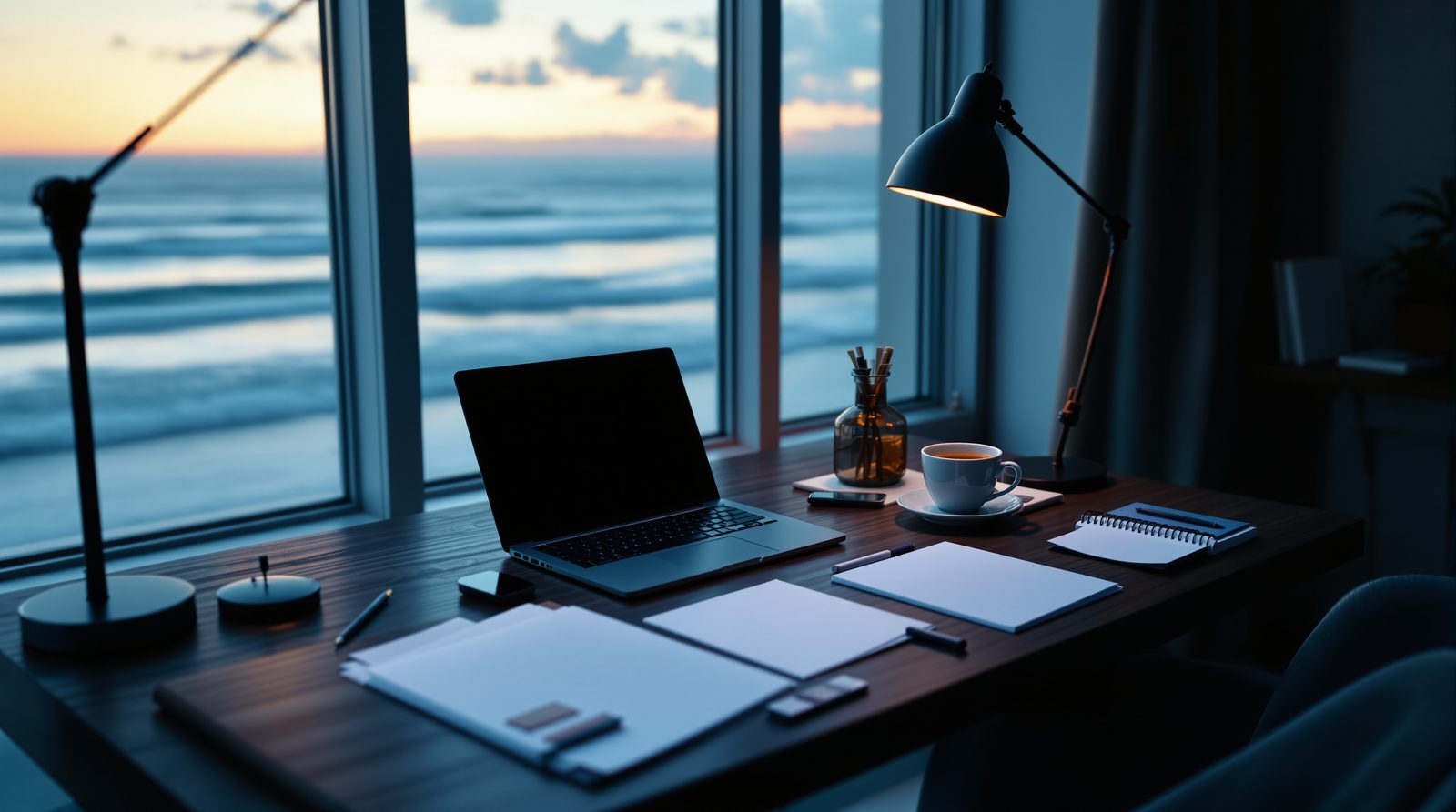 A desk facing the ocean at dusk, a laptop and a cup of tea