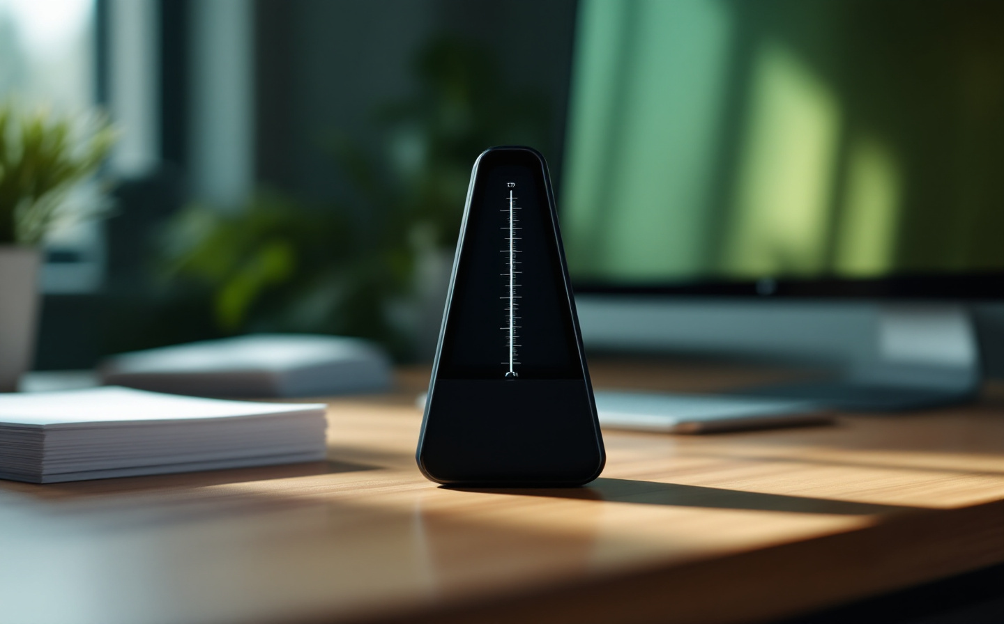 Métronome noir mat sur un bureau en bois, écran flou teal en arrière-plan, symbole de la régularité de l'algo trading.