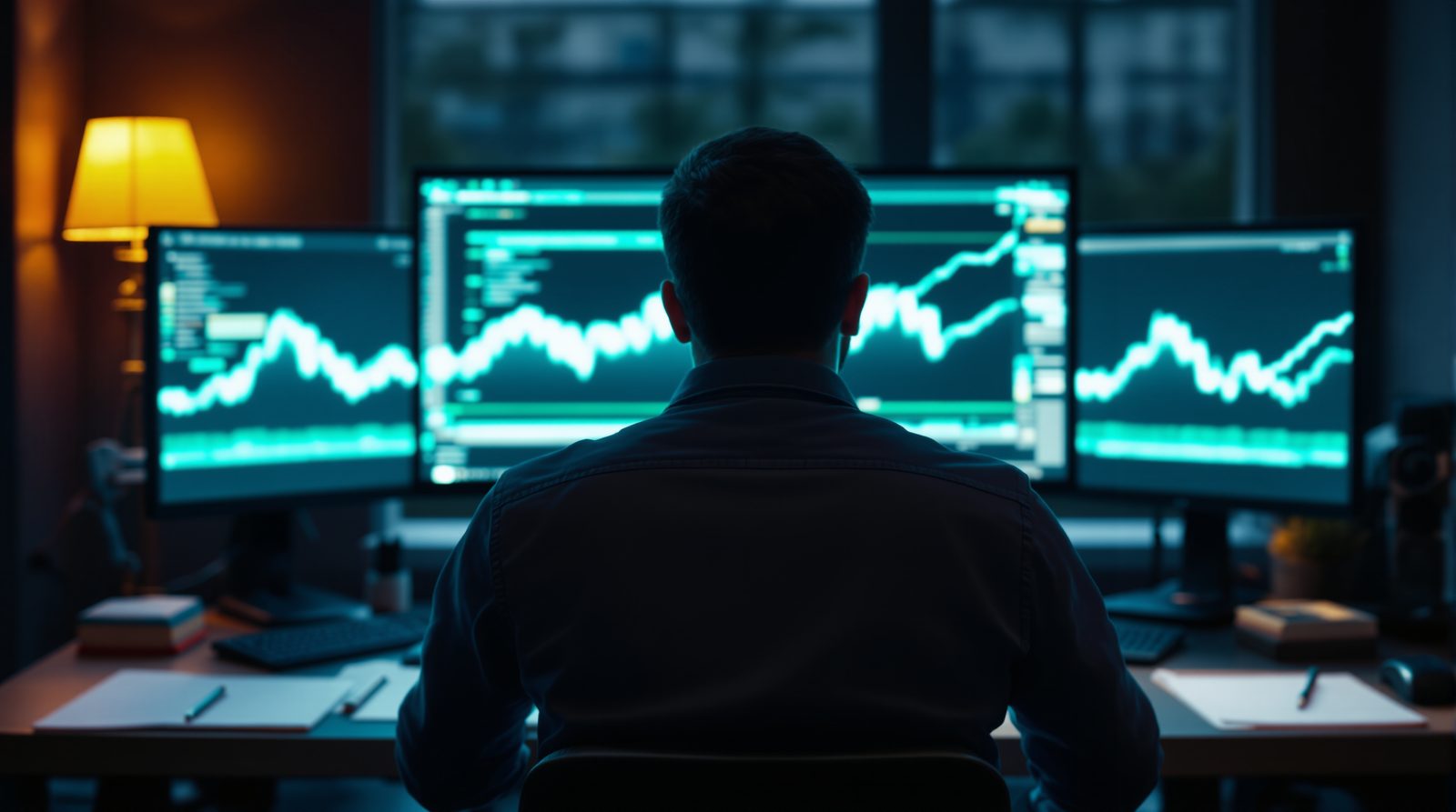 A trader seen from behind before three screens where two lines move one above the other