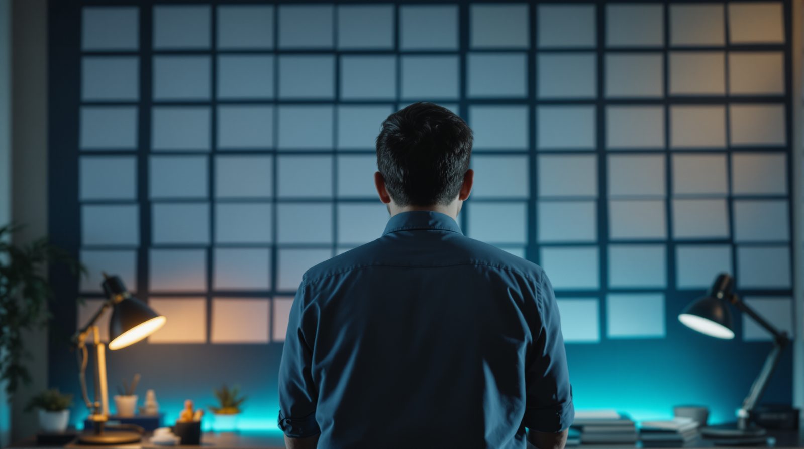 A trader seen from behind facing a wall covered in blank cards arranged in a grid