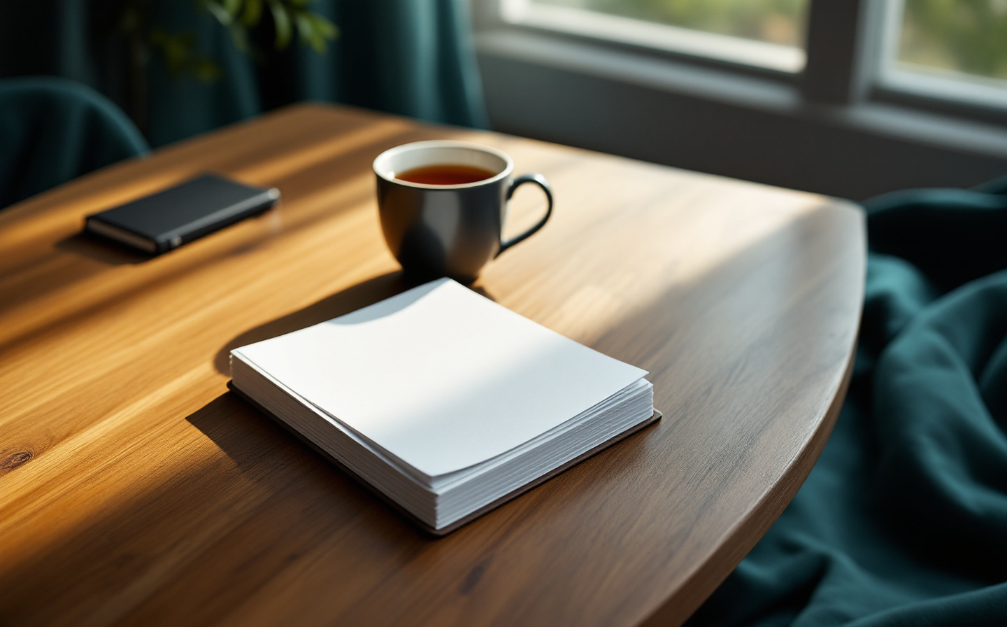 Pila de páginas en blanco sobre una mesa de madera bajo luz suave de la mañana, que evoca la búsqueda de un libro que no existe.