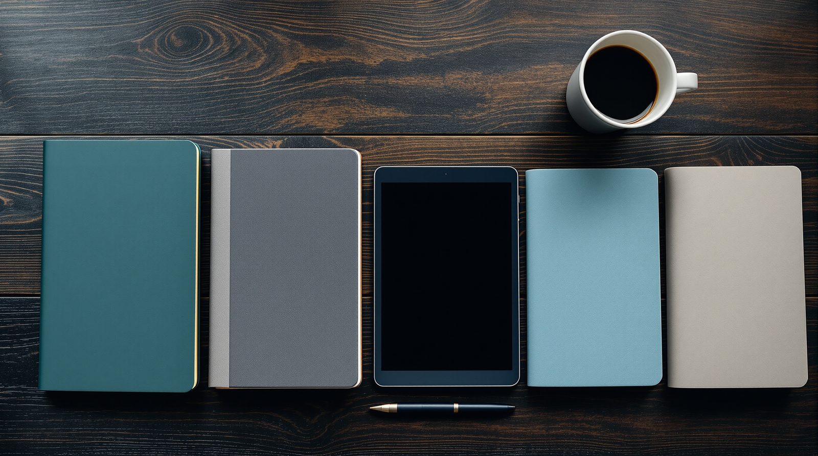 Five notebooks lined up side by side on a table, like trading journals to compare