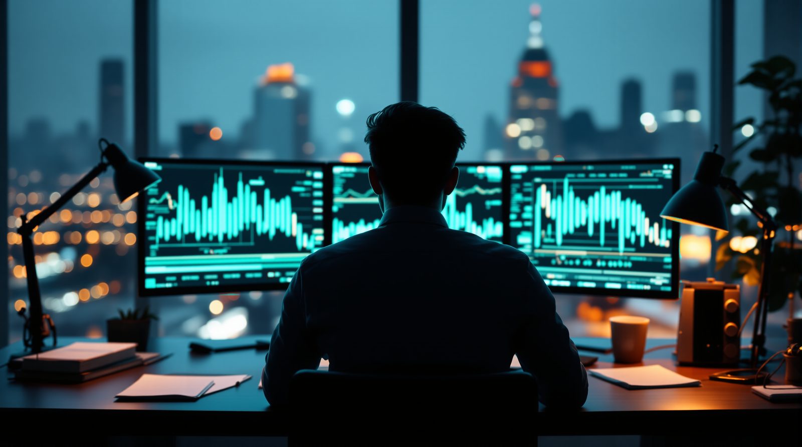 Um trader de costas diante de três telas de plataforma, com as torres da cidade atrás da janela panorâmica