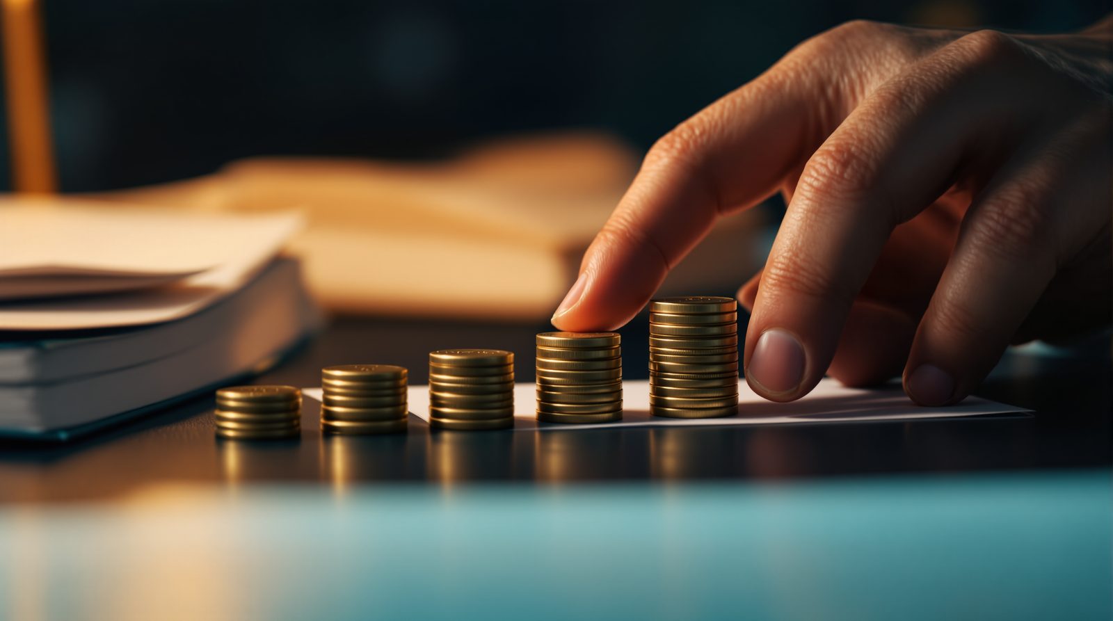 Stacks of coins growing taller, a finger resting on one of them
