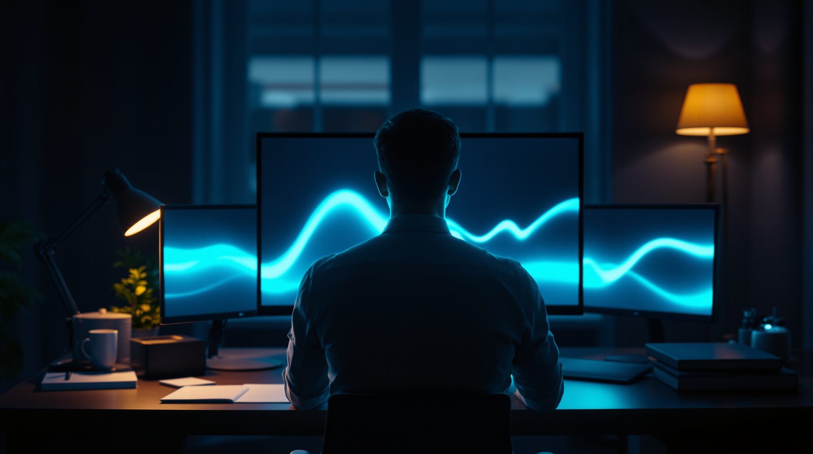 A trader seen from behind before three screens where two smooth lines cross