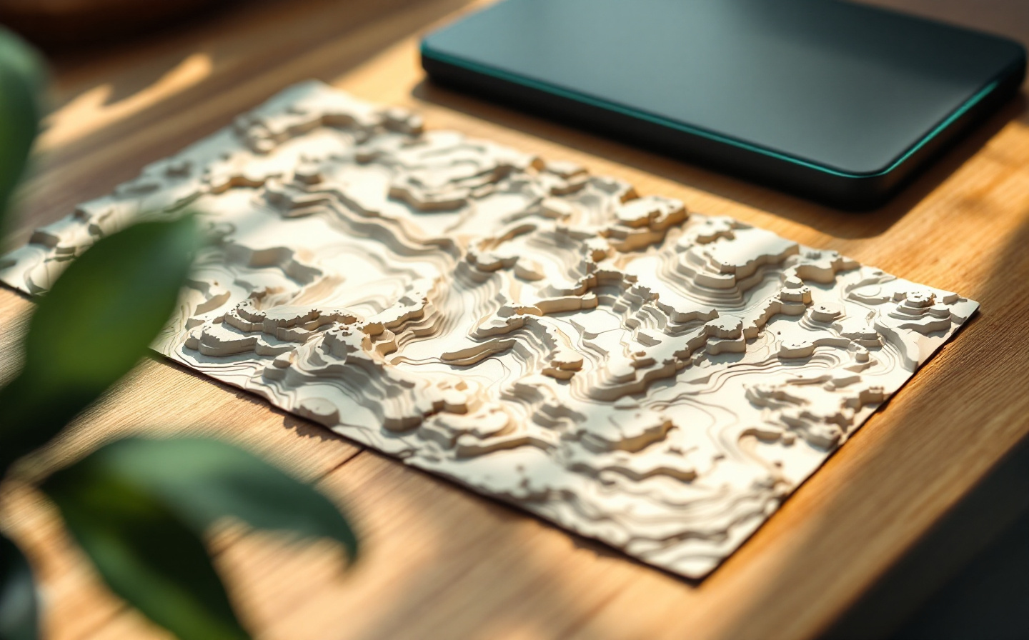 Mapa topográfico em relevo sobre madeira evocando as camadas de leitura do mercado