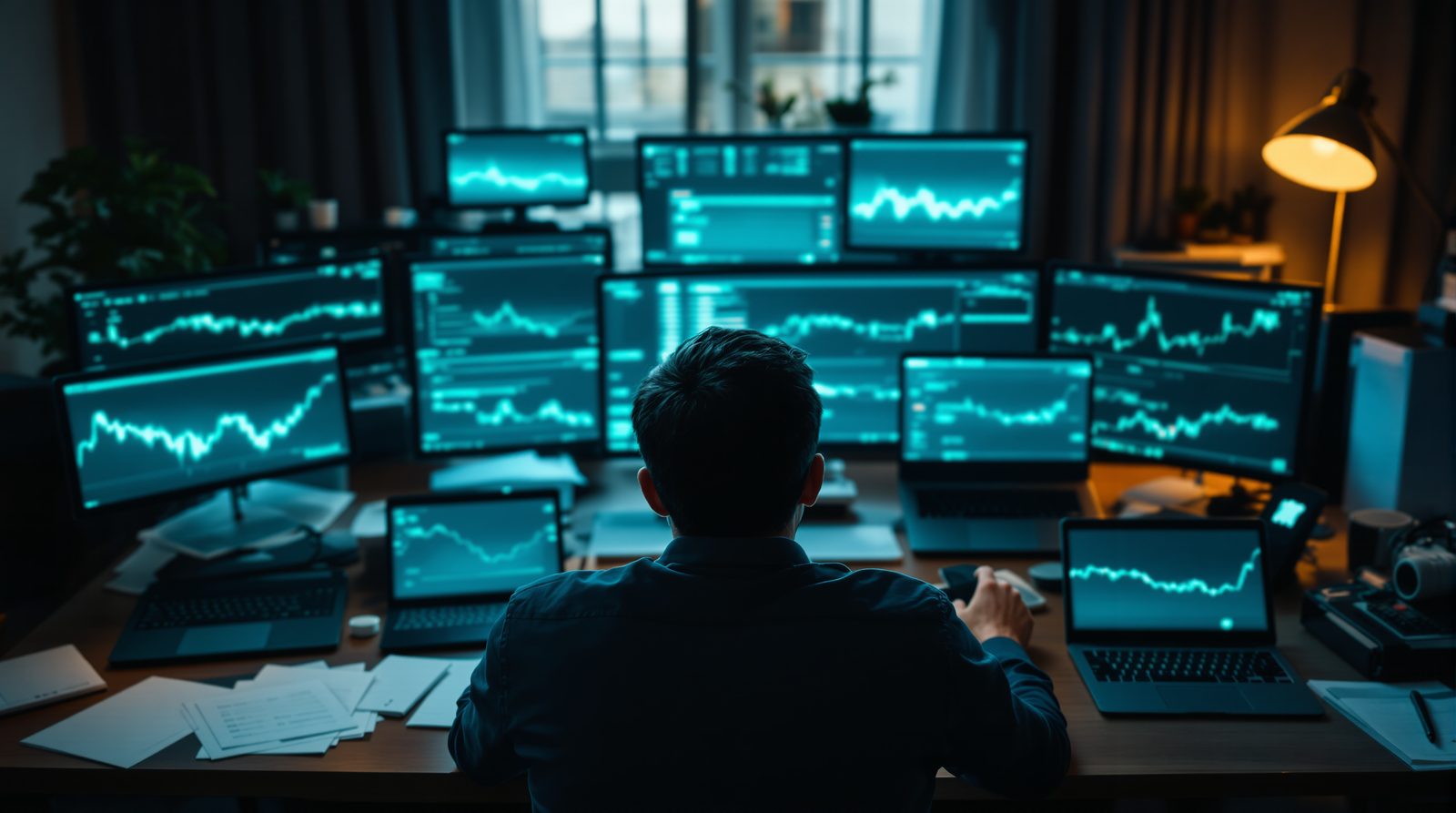 Un trader de dos devant bien trop d'écrans et d'ordinateurs ouverts en même temps