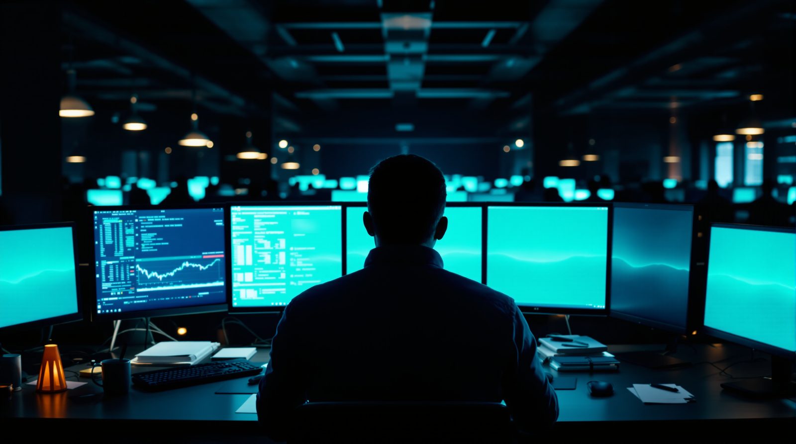 A trader seen from behind, alone at a desk in a large, dim trading room