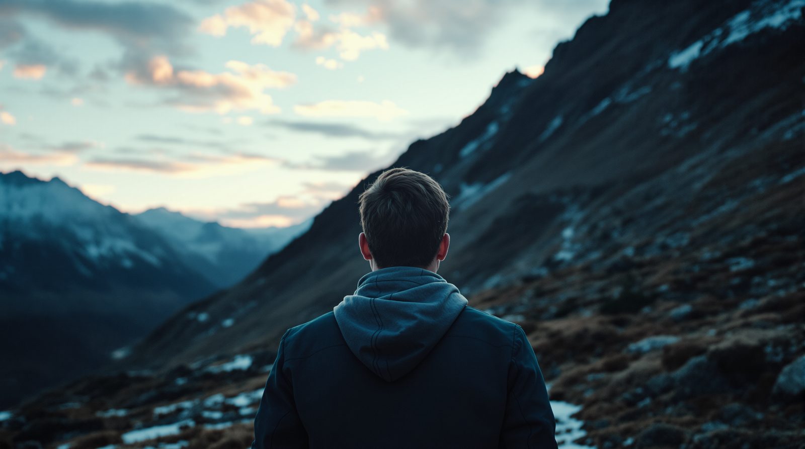 A figure seen from behind at the foot of a steep mountain slope, at dusk