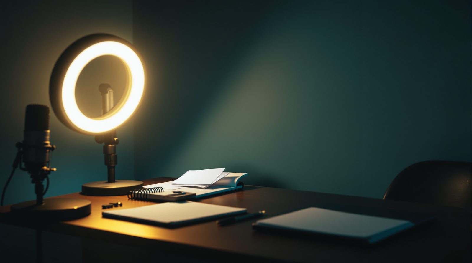 Un petit studio à la maison : un micro sur pied, un anneau lumineux et des carnets sur le bureau