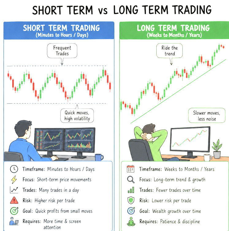 Trading court terme et long terme : horizon, objet, nombre de trades, risque et objectif.