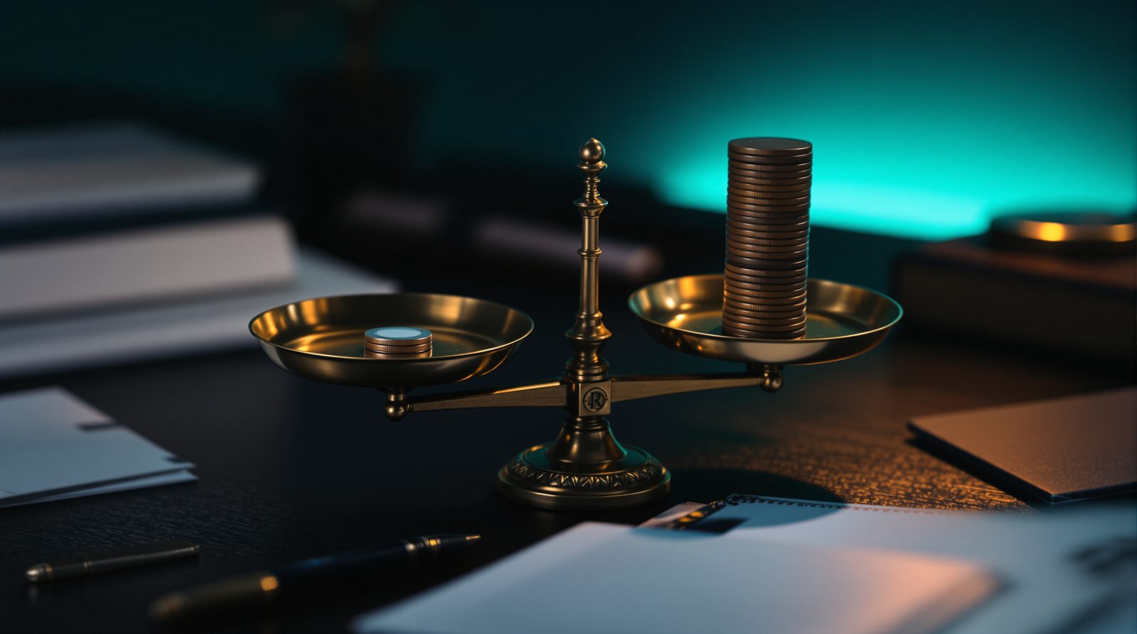 Une balance en laiton : une pièce d'un côté, une haute pile de pièces de l'autre
