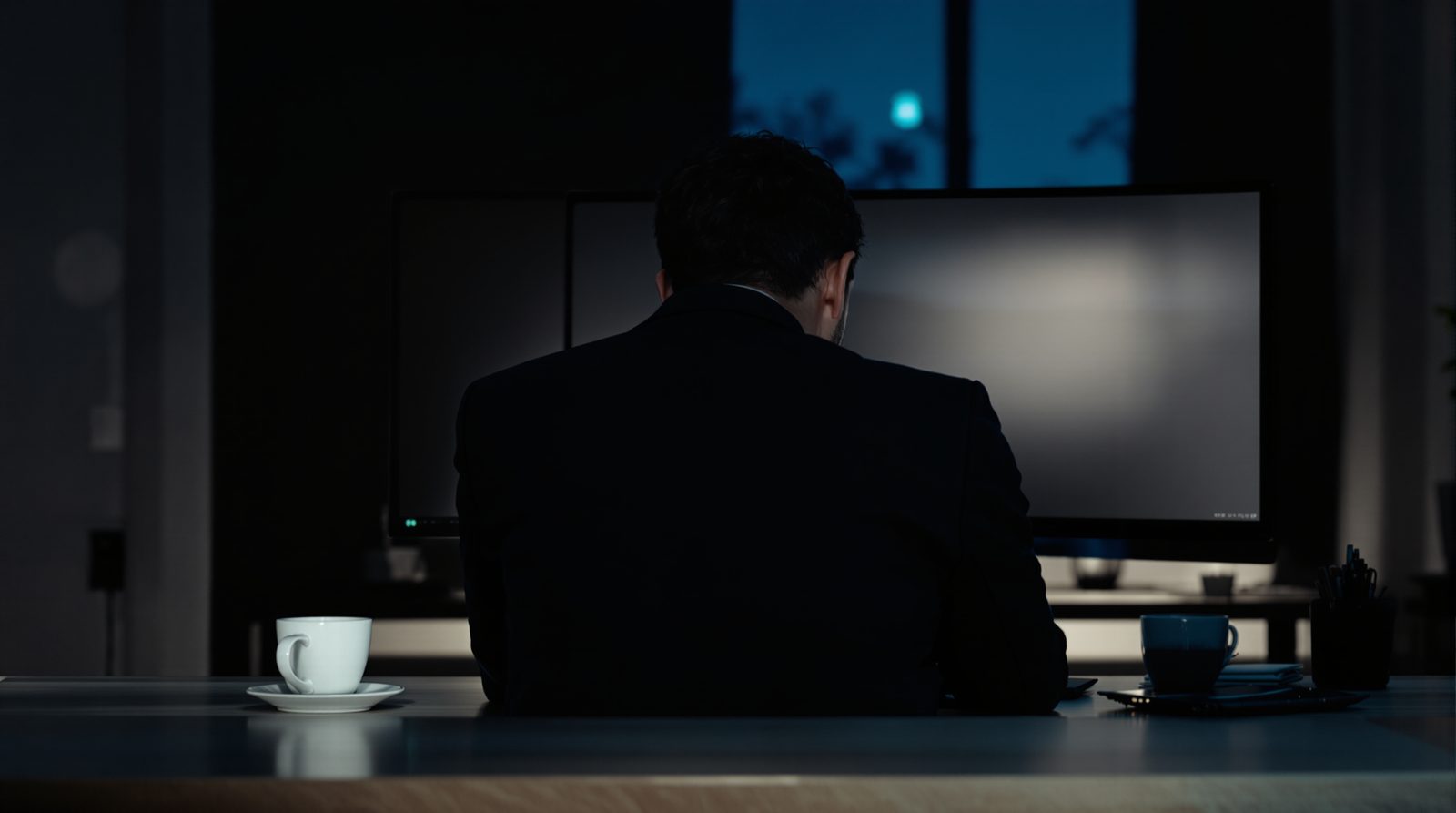 Un trader de dos dans une pièce sombre, écran éteint, après une série de pertes