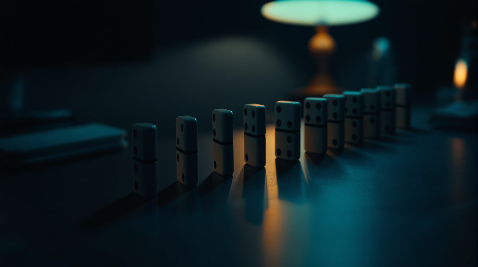 A row of dominoes standing on a dark desk, at the mercy of the first one to fall
