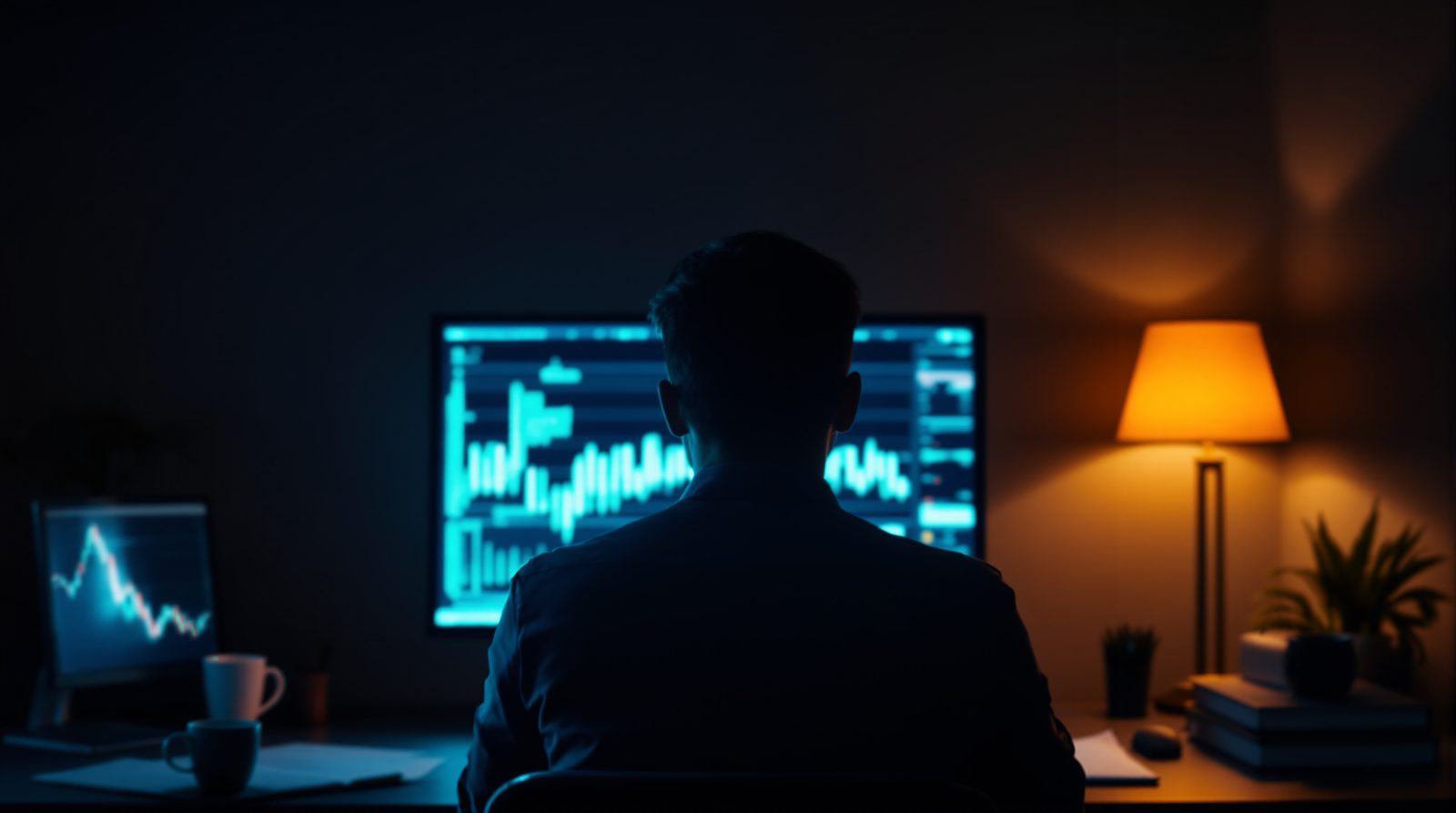 A trader seen from behind before a screen where orders stack up, a lamp lit in the corner
