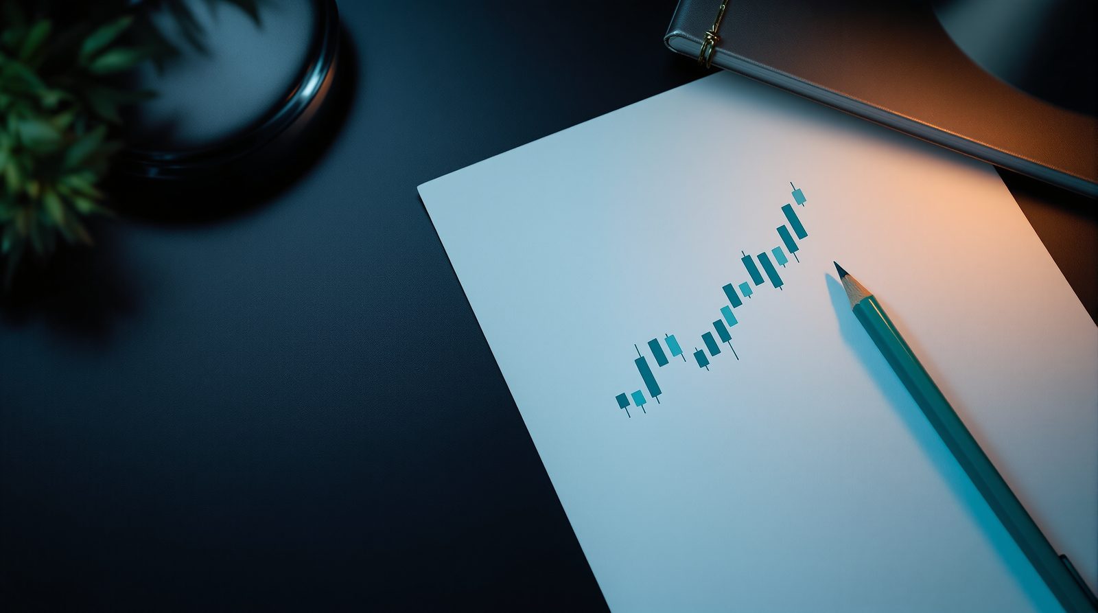 Seen from above, a small chart drawn in teal ink on a sheet, a pencil lying beside it