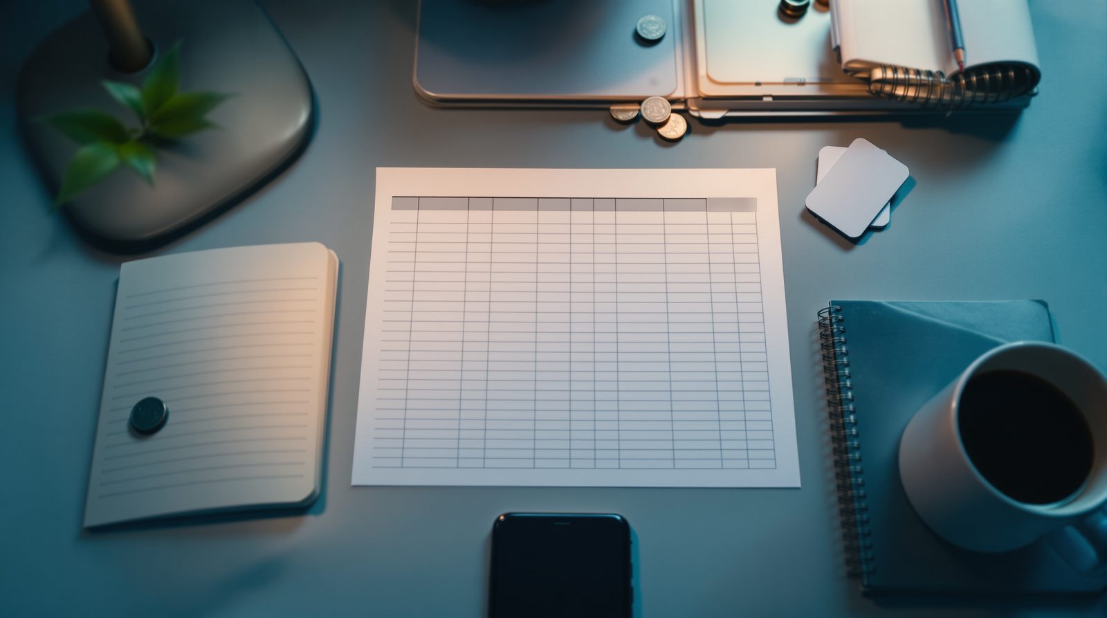 Vu du dessus, une feuille de tableur imprimée et vide, quelques pièces, un carnet et un café