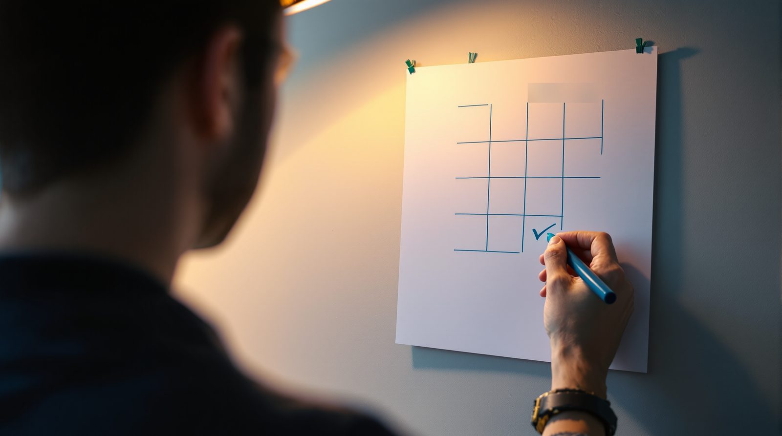 A hand ticking a box on a tracking grid pinned to the wall