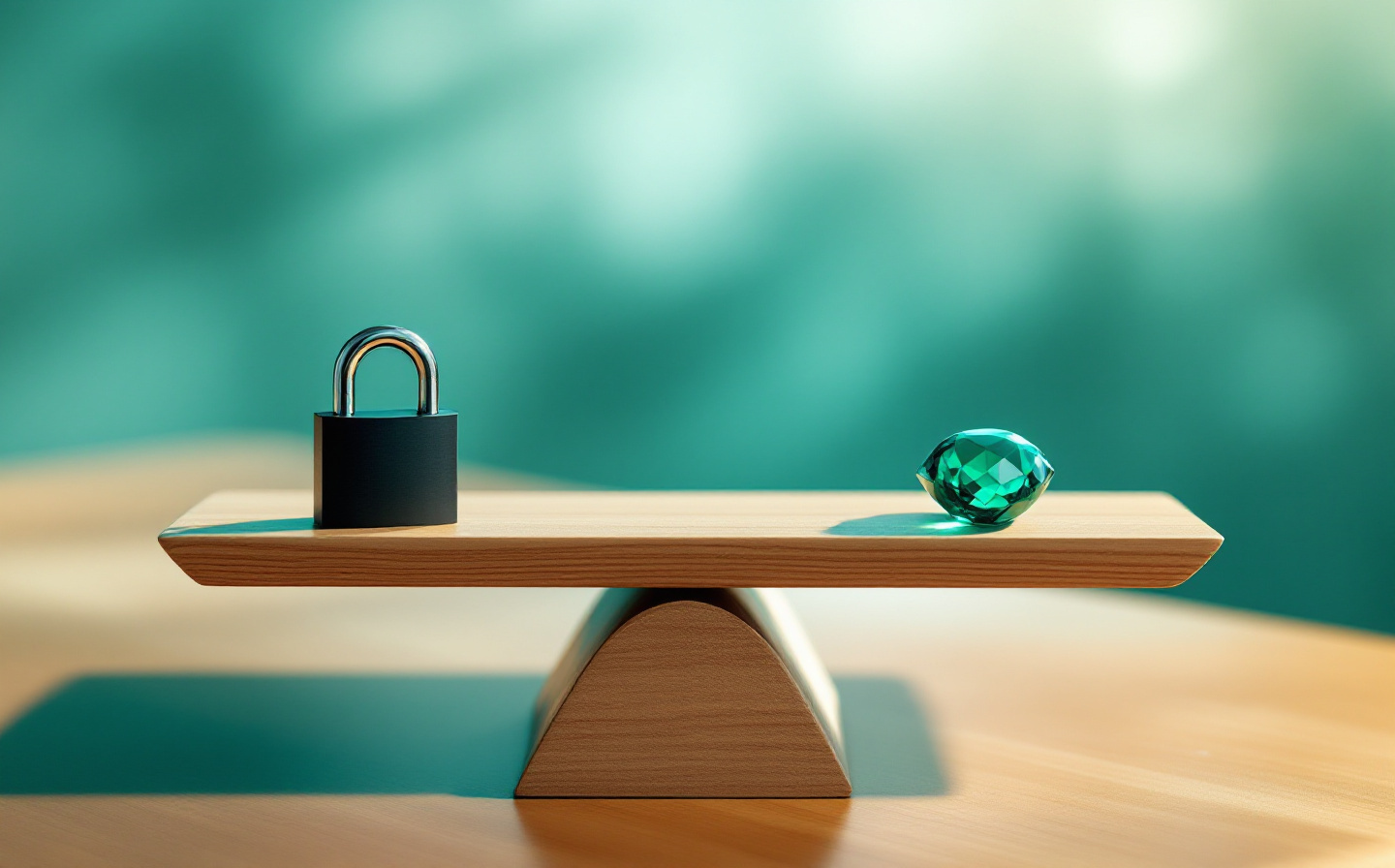 A wooden balance scale weighing a padlock against a gemstone, symbolizing stop loss and take profit.