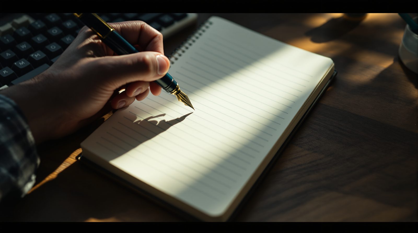 Une main note une ligne dans un carnet posé près du clavier, juste après un trade