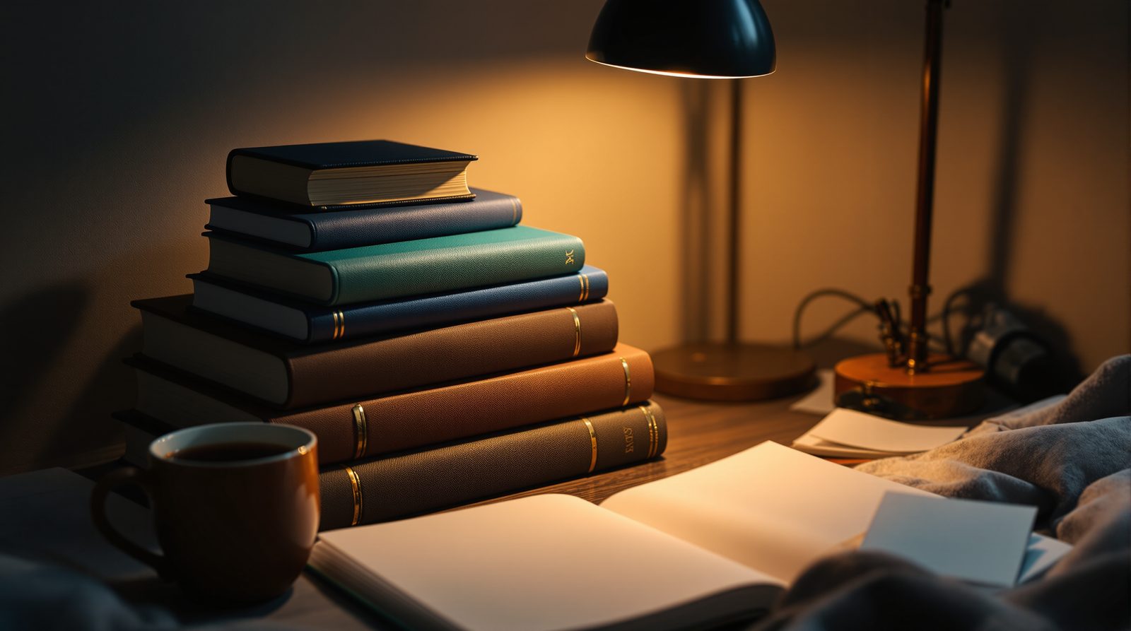 A stack of bound books under a desk lamp, a mug and an open notebook beside them