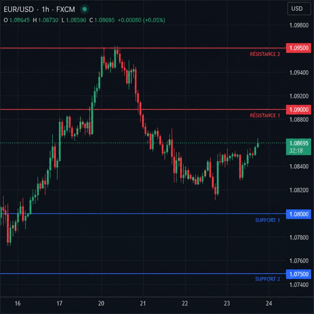 Gráfico do EUR/USD em timeframe de 1 hora com dois suportes e duas resistências traçados