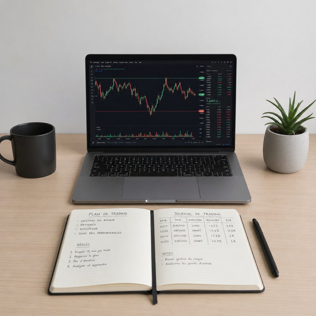 Um notebook com um gráfico, um caderno aberto com um plano de trading e um diário de trader