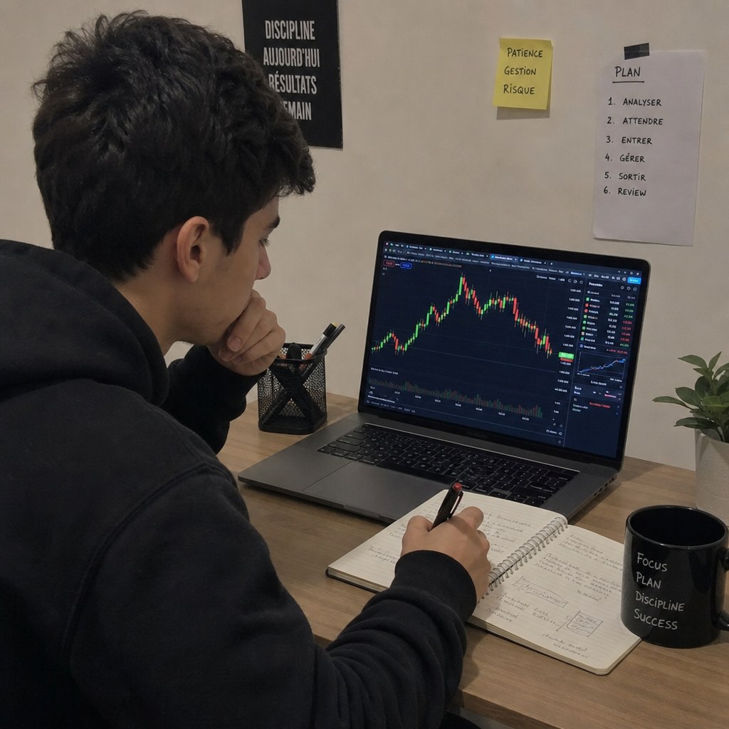 Um trader diante do notebook, anotando num caderno, com um plano afixado na parede