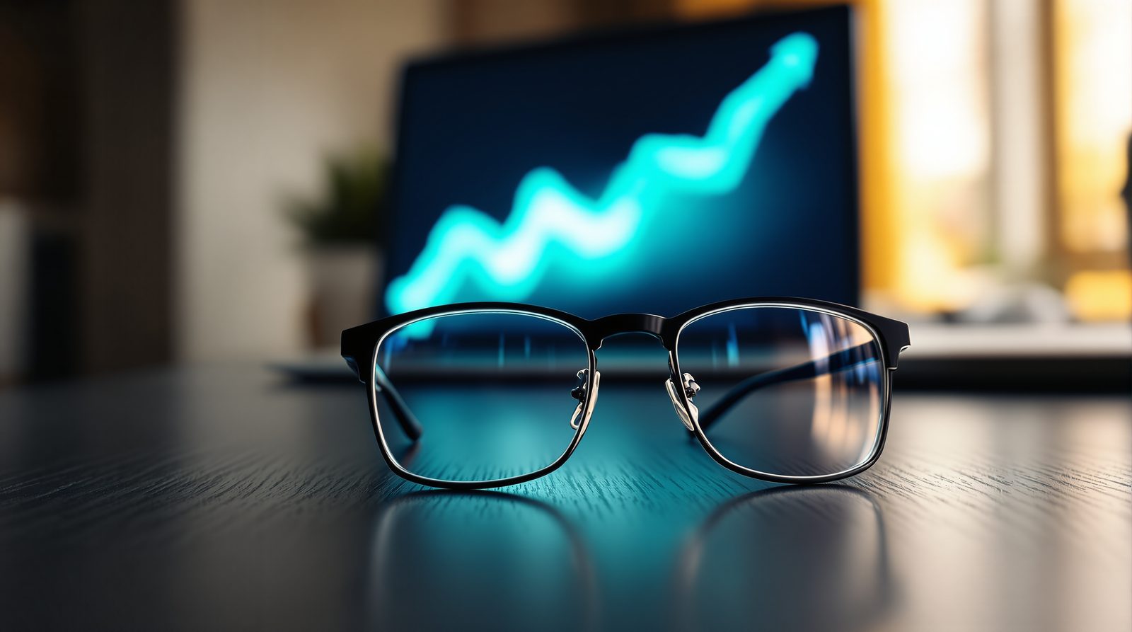 Une paire de lunettes sur un bureau, la courbe d'un ecran se refletant dans un verre