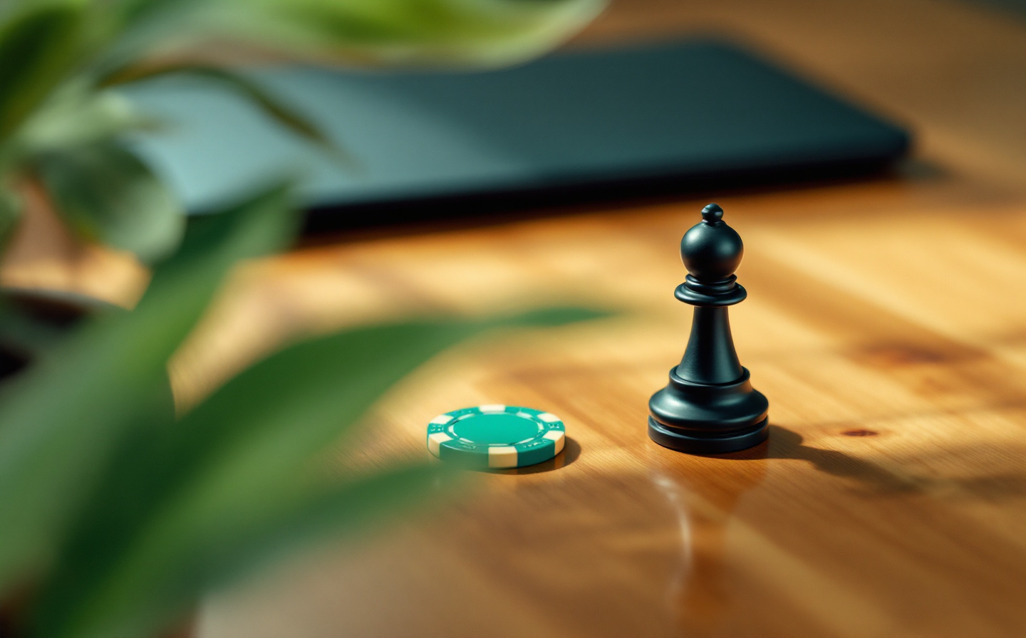 Une pièce de casino et un pion d'échecs posés sur une table en bois, avec un ordinateur portable flou en arrière-plan, illustrant la frontière entre hasard et stratégie dans le trading intraday.